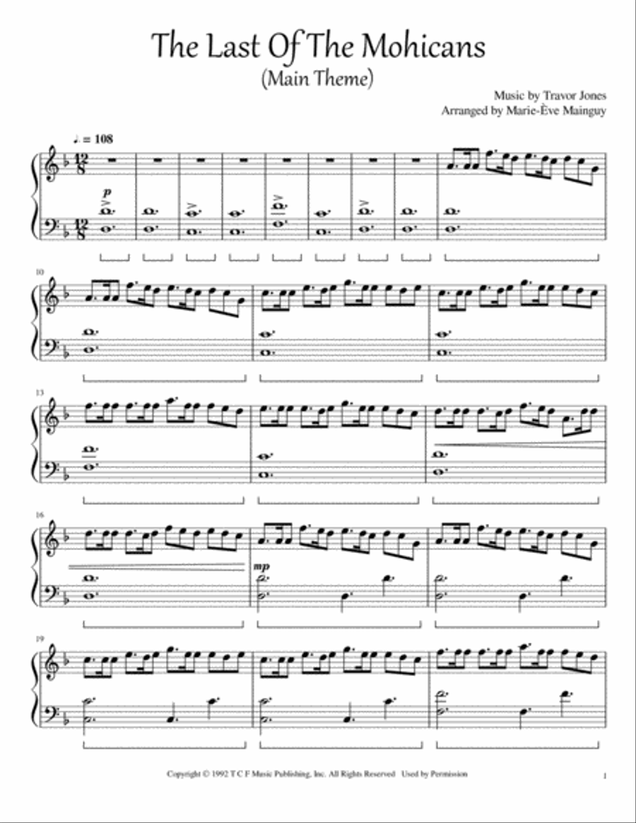 Last Of The Mohicans (main Theme) Piano Solo scores gallery preview page 1