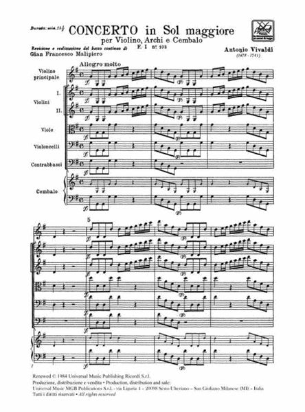 Concerto Per Violino, Archi E B.C.: In Sol Rv 303