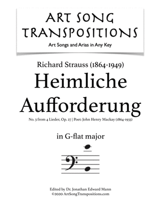 Book cover for STRAUSS: Heimliche Aufforderung, Op. 27 no. 3 (transposed to G-flat major, bass clef)