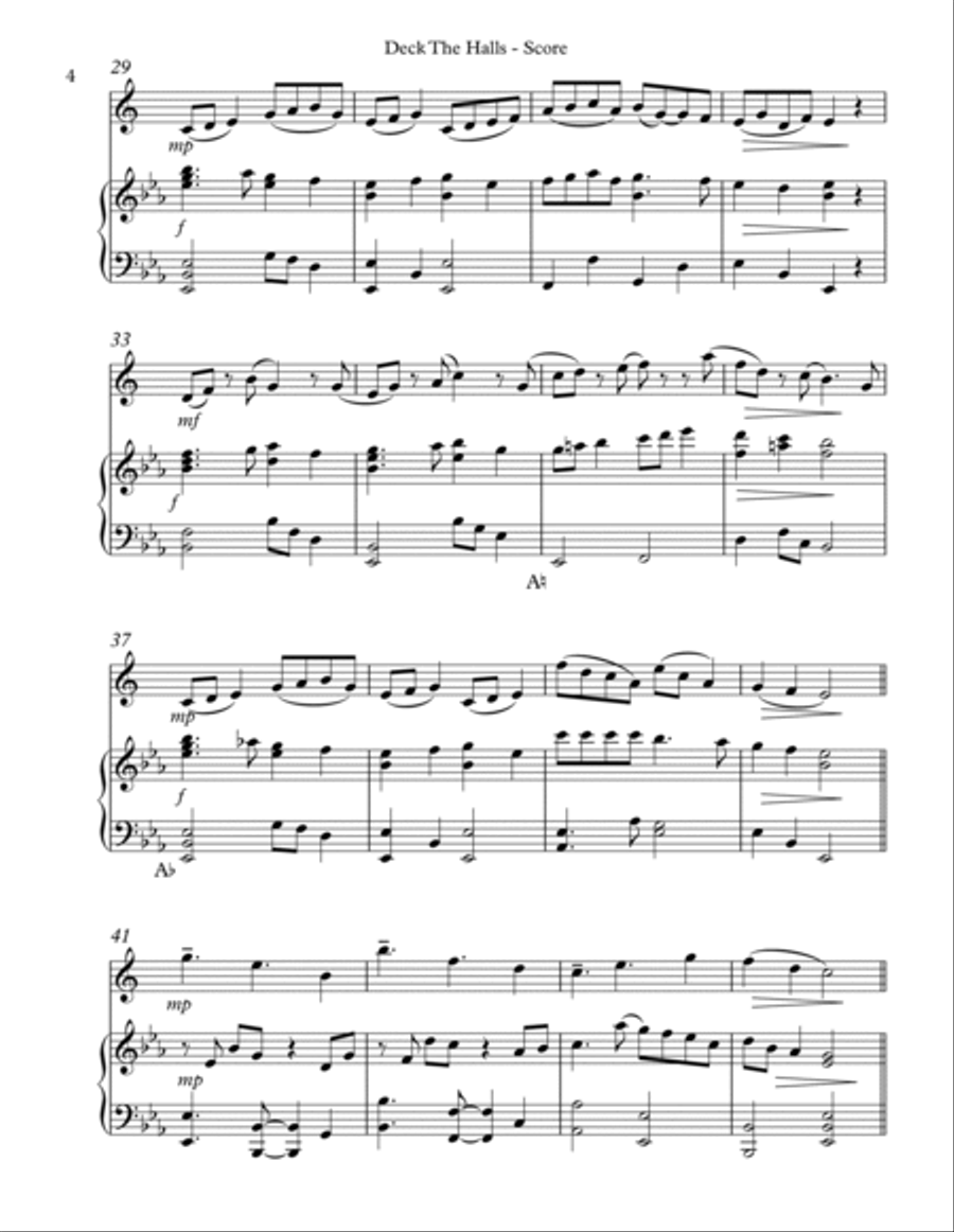 Deck The Halls, Duet for Eb Alto Saxophone and Pedal Harp Alto Saxophone scores gallery preview page 4
