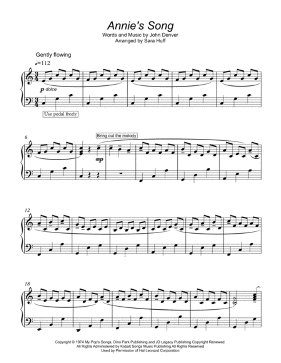 Annie's Song Piano Solo scores gallery preview page 1