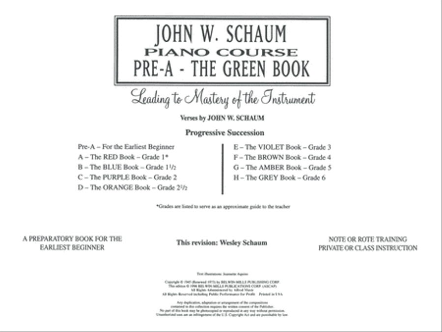 John W. Schaum Piano Course: Pre-A - The Green Book