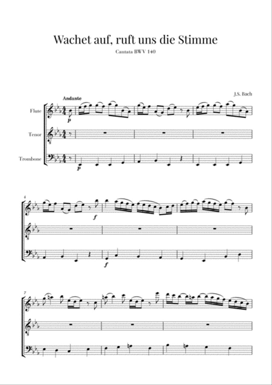 Bach - Wachet auf, ruft uns die Stimme BWV 140 (for Flute, Tenor and Trombone) Brass Ensemble scores gallery preview page 1