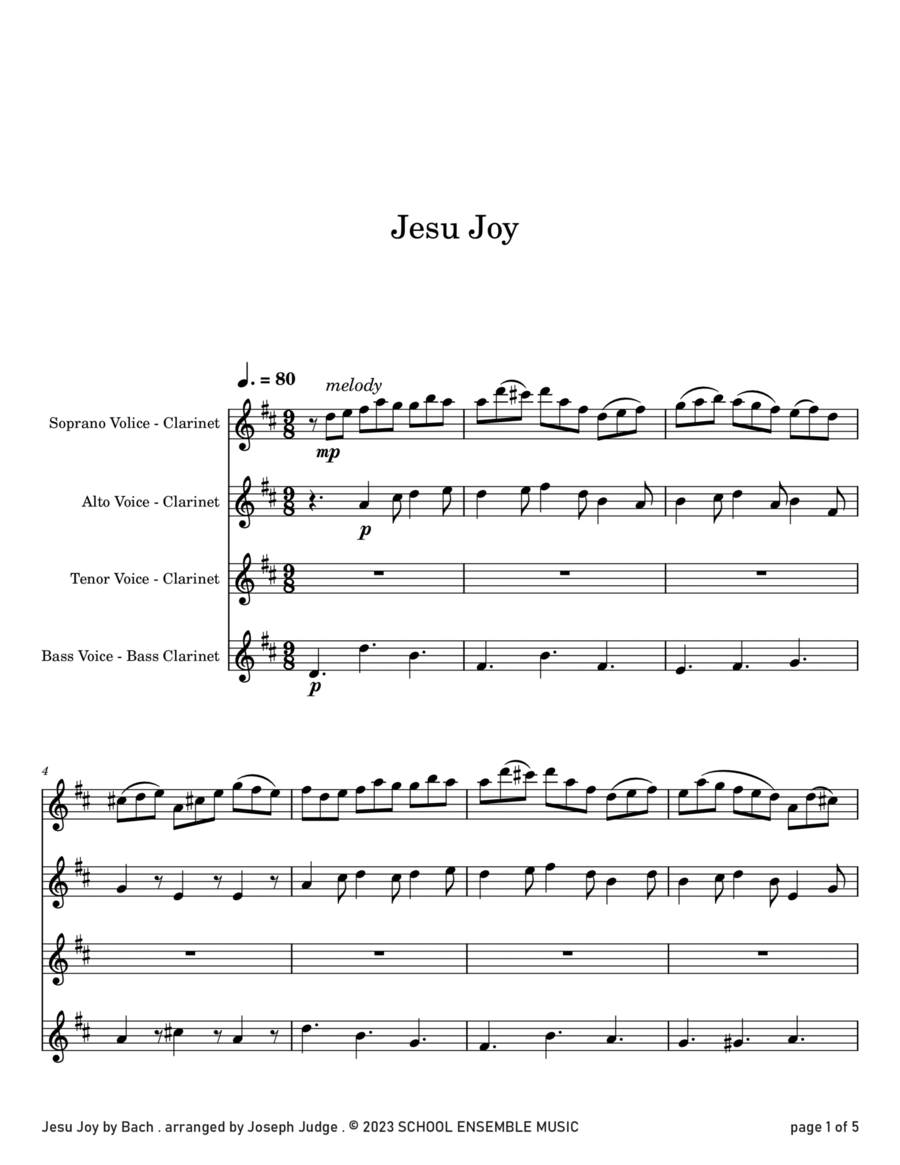 Jesu Joy by Bach for Clarinet Quartet in Schools Clarinet Quartet scores gallery preview page 1