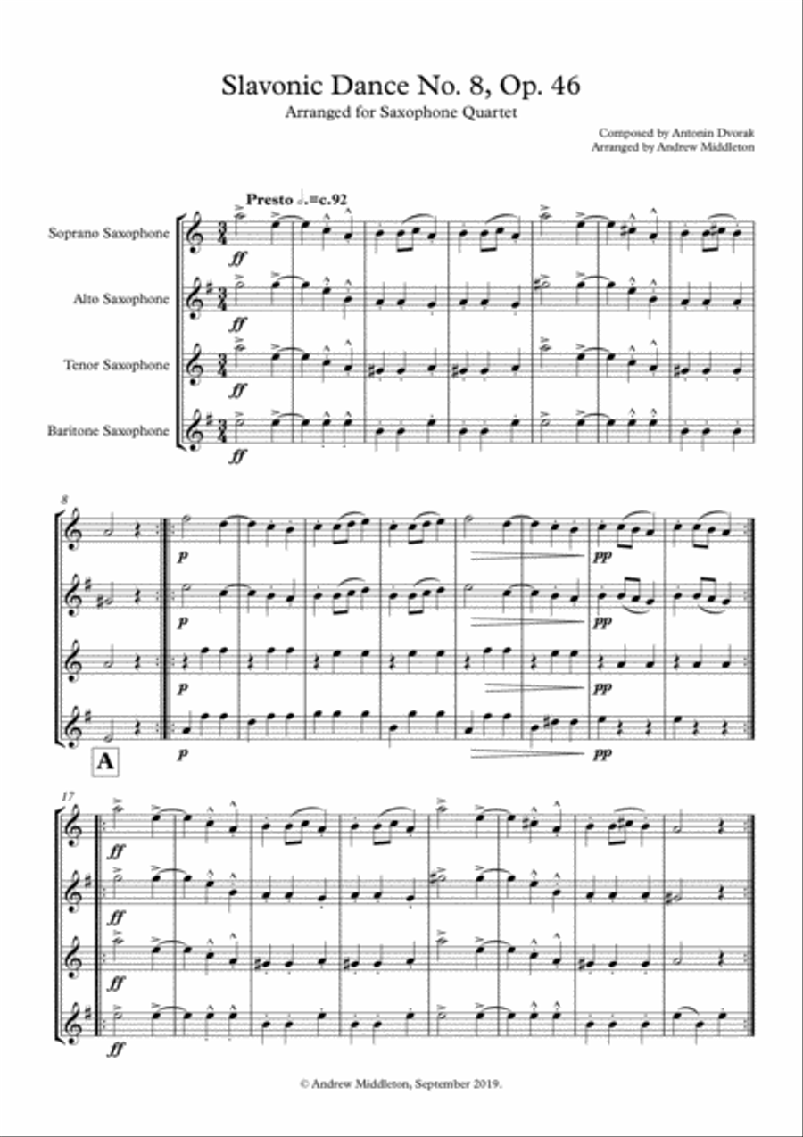 Slavonic Dance No. 8 in G Minor arranged for Saxophone Quartet Saxophone Quartet scores gallery preview page 3