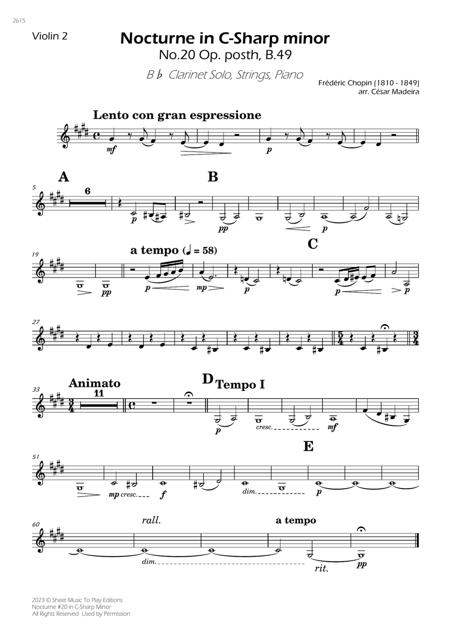 Nocturne No.20 in C Sharp minor - Clarinet Solo, Strings and Piano (Individual Parts) Large Ensemble scores gallery preview page 4