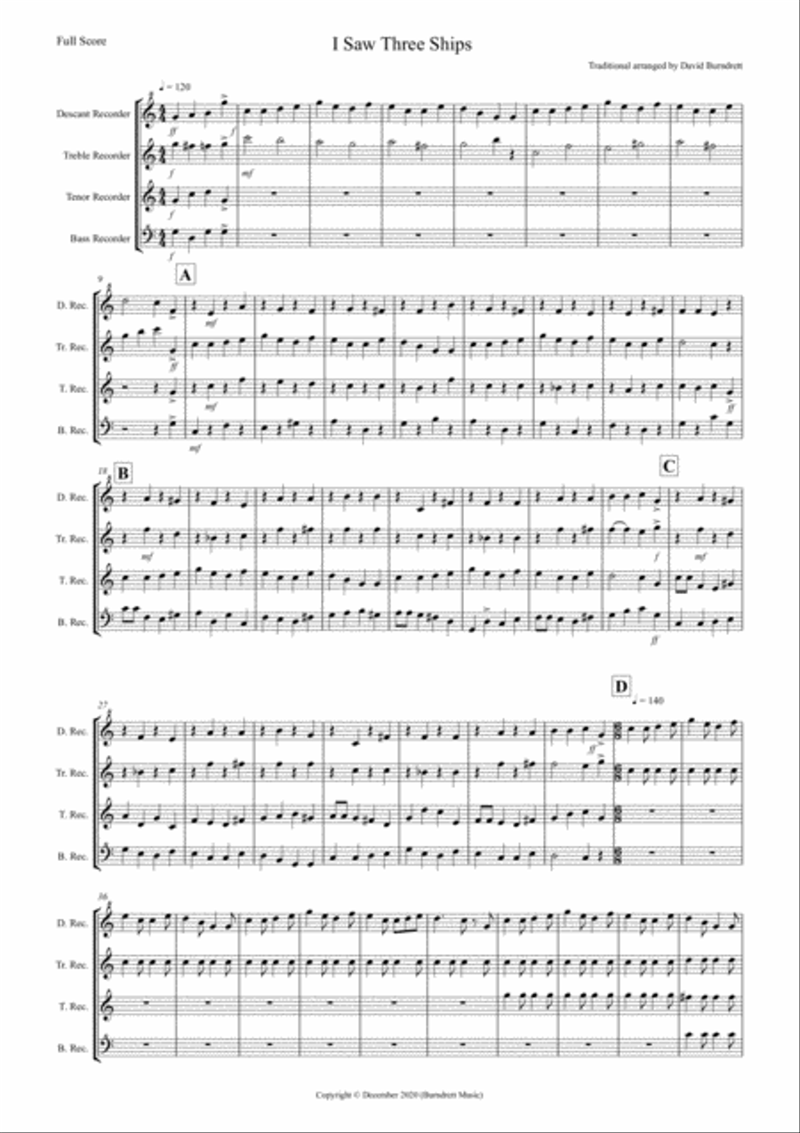 I Saw Three Ships (Jazzy Style!) for Recorder Quartet Small Ensemble scores gallery preview page 1