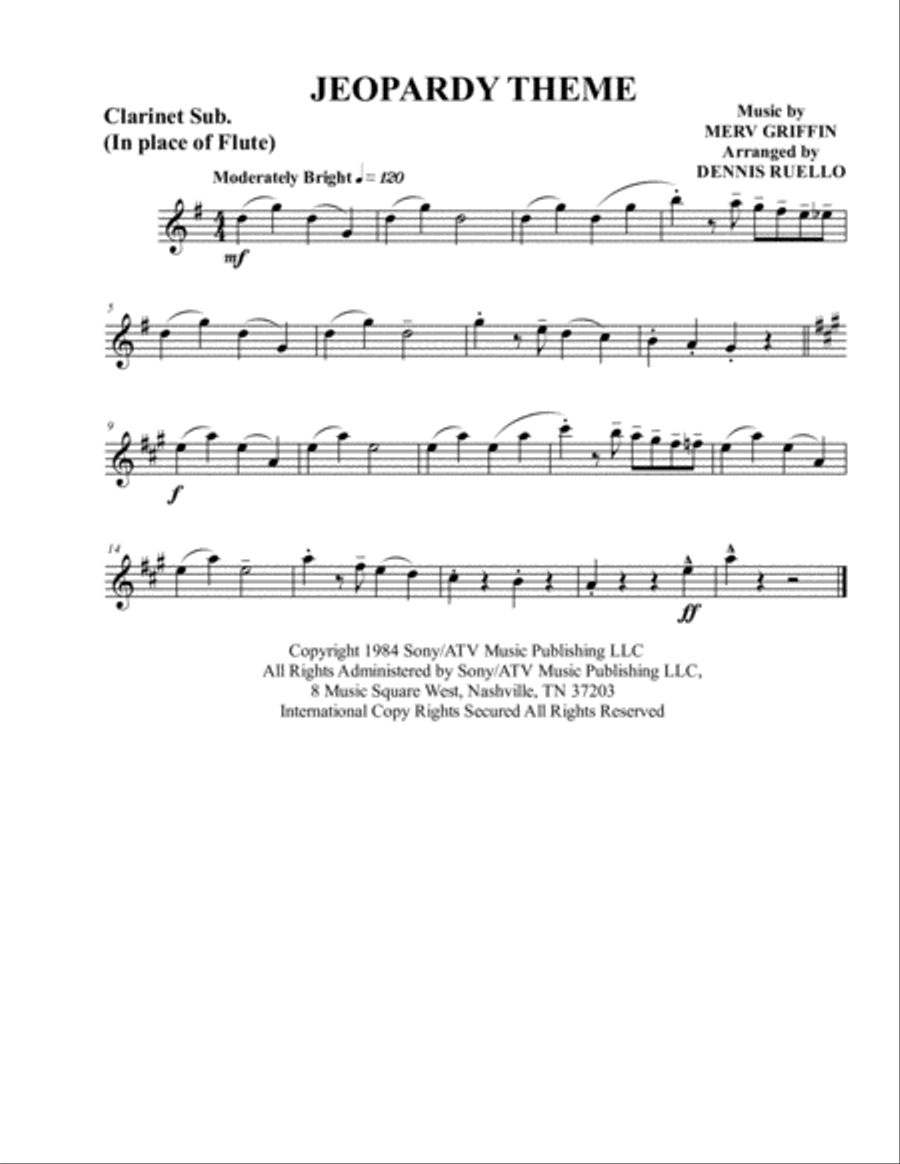 Jeopardy Theme Small Ensemble Digital Sheet Music Sheet