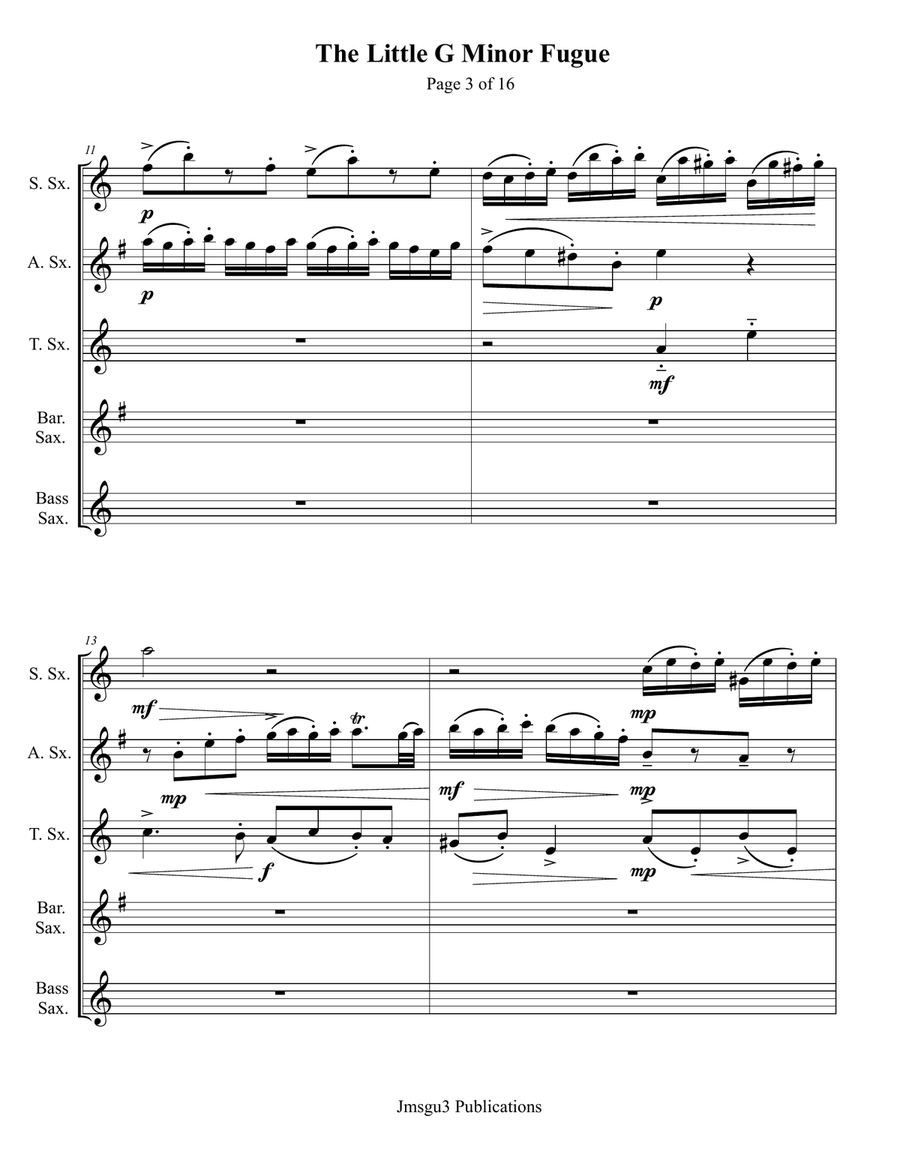 Bach: The Little Fugue in G Minor BWV 578 for Saxophone Quintet Saxophone Quintet scores gallery preview page 3