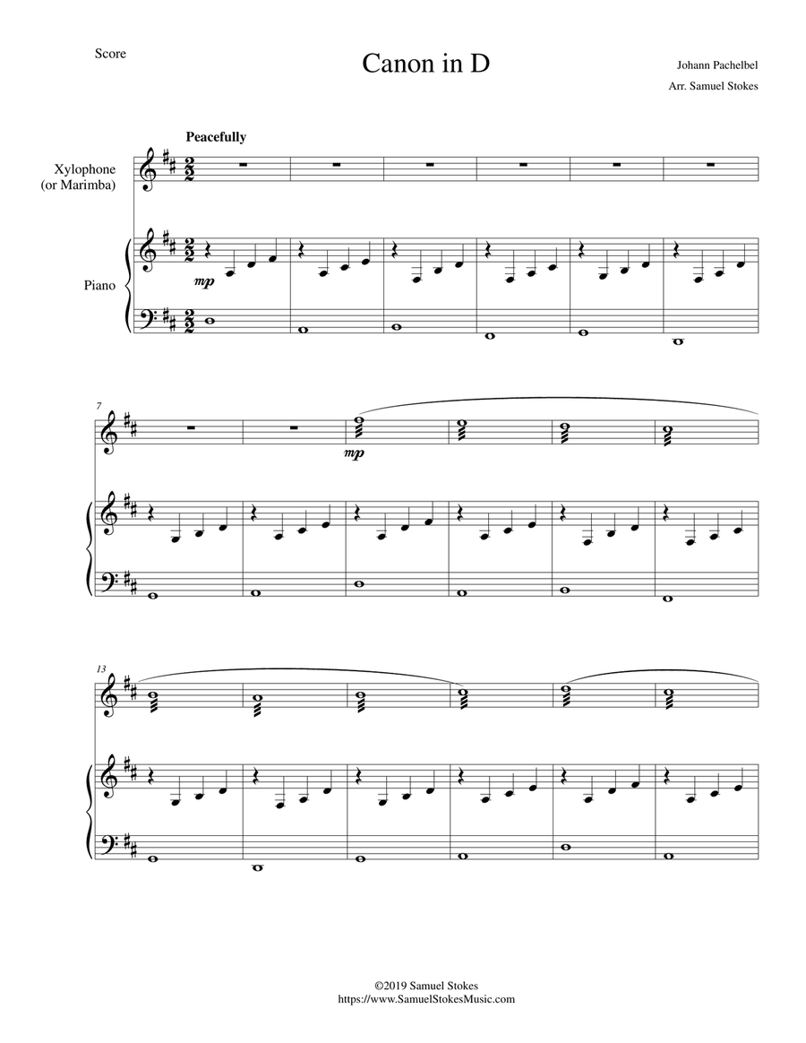 Pachelbel's Canon in D - for xylophone (or marimba) and piano Piano scores gallery preview page 1