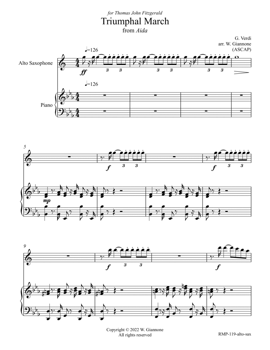 Verdi - Triumphal March from Aida (for alto sax with piano accompaniment) Alto Saxophone scores gallery preview page 1