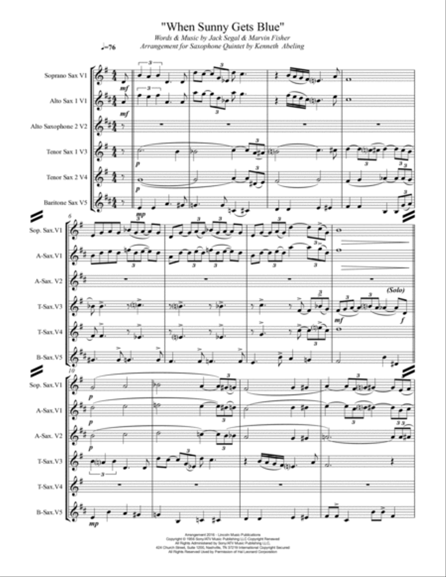 When Sunny Gets Blue When Sunny Gets Blue Saxophone Quintet scores gallery preview page 2