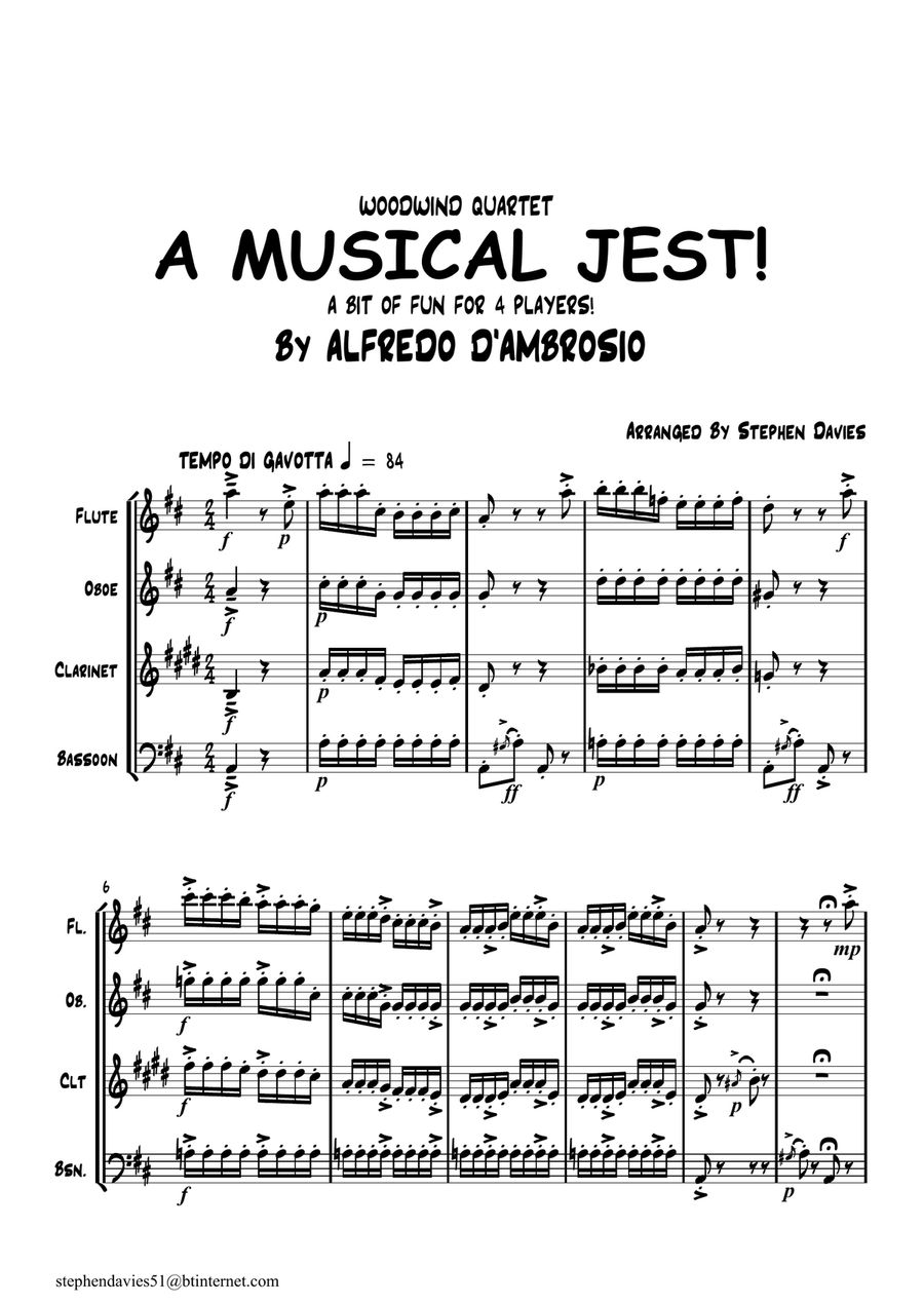 'A Musical Jest' By Alfredo D'ambrosio,Wind Quartet, a bit of fun for 4 players! Woodwind Quartet scores gallery preview page 1