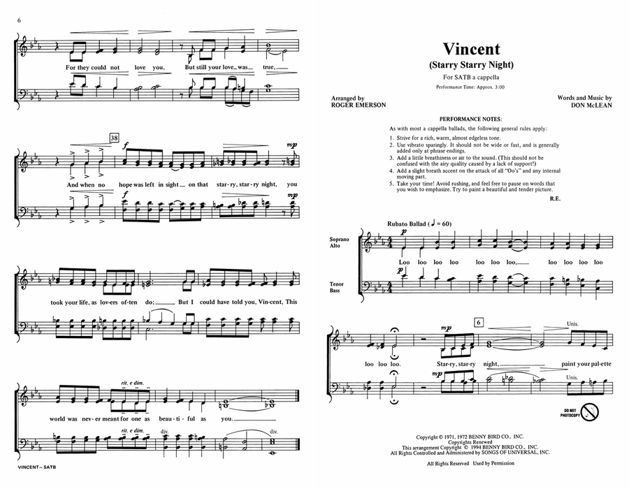 Vincent (Starry Starry Night) (arr. Roger Emerson) 4-Part scores gallery preview page 1
