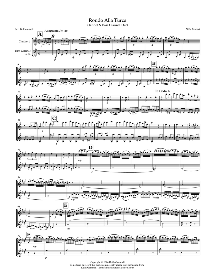 Rondo Alla Turca: Clarinet & Bass Clarinet Duet Clarinet Duet scores gallery preview page 1