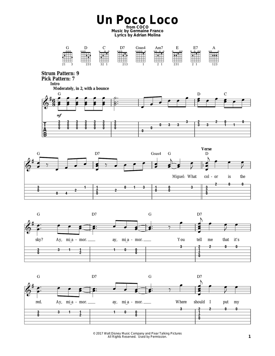 Un Poco Loco (from Coco) Guitar Tablature scores gallery preview page 1
