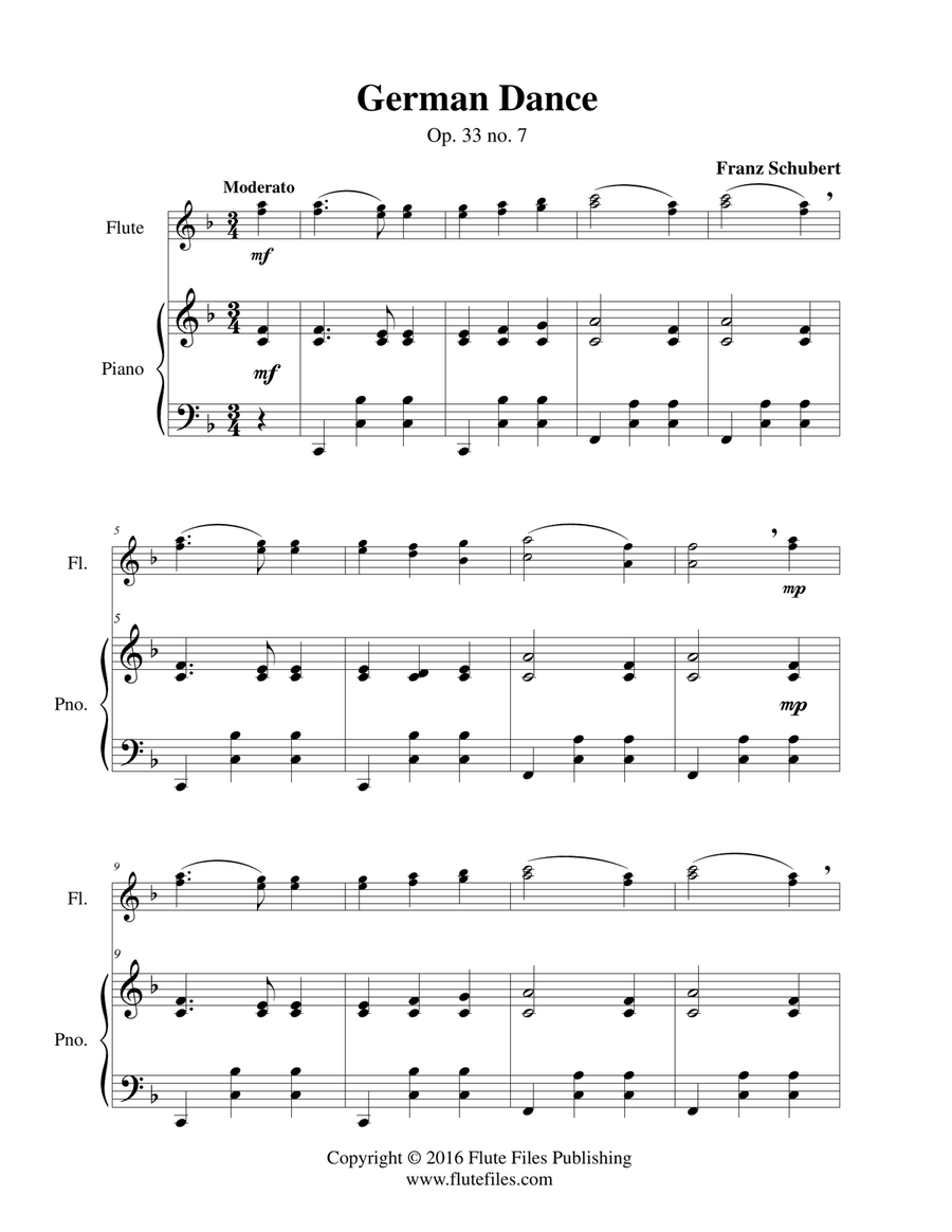 German Dance, op. 33 no. 7 - Flute Duet and Piano image number null