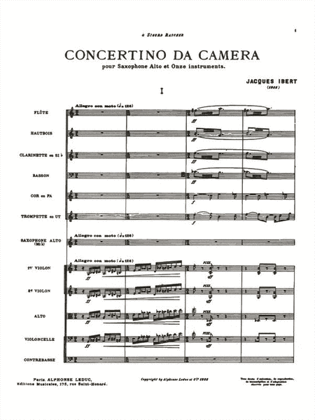 Concertino Da Camera - Mcmxxxv (alto Saxophone And 11 Instruments)