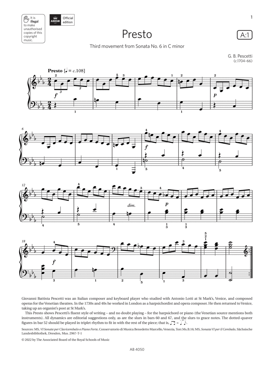 Presto (Grade 4, list A1, from the ABRSM Piano Syllabus 2023 & 2024) Piano Method scores gallery preview page 1