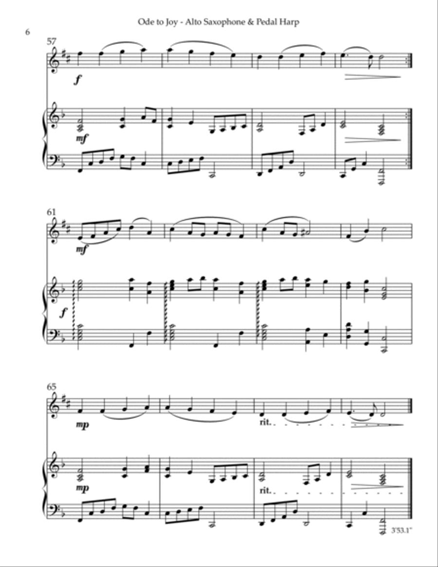 Ode to Joy, Duet for Eb Alto Saxophone & Pedal Harp Alto Saxophone scores gallery preview page 6