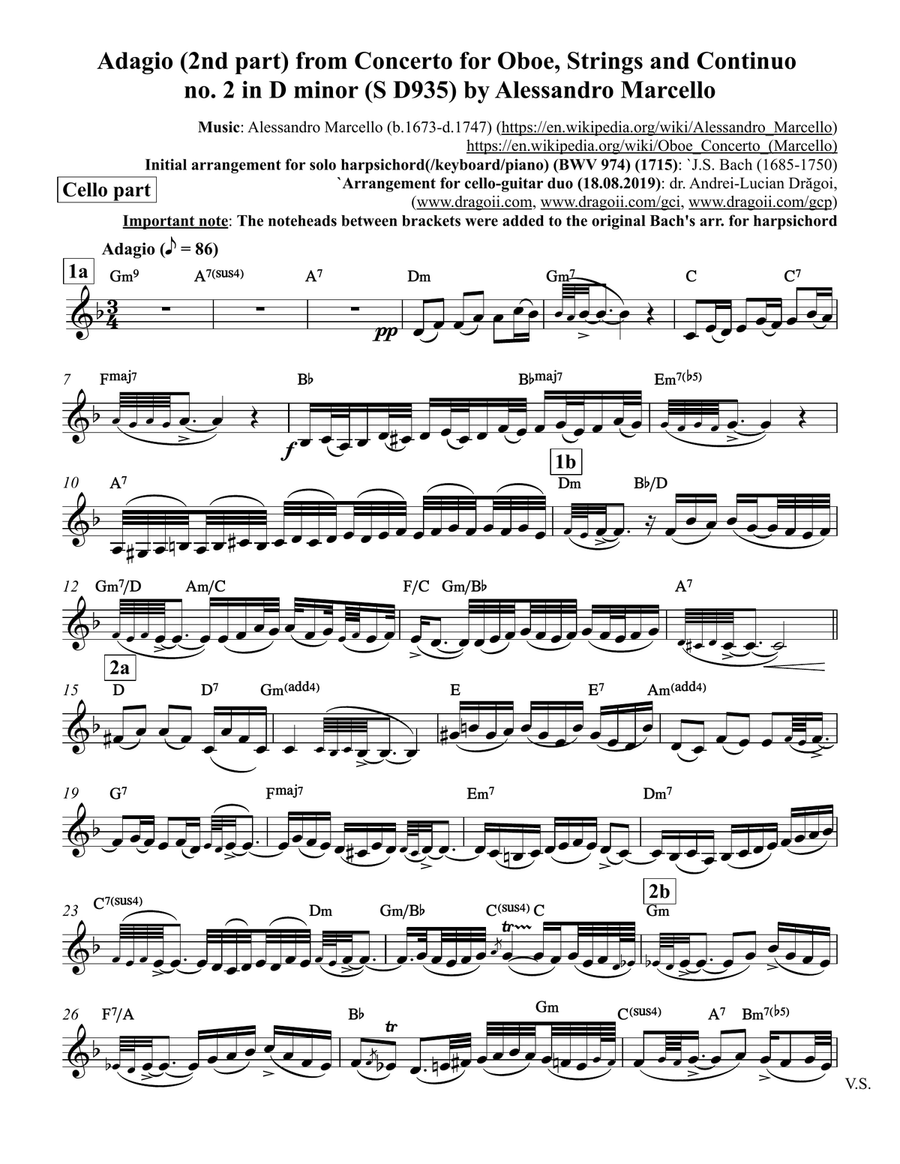 Marcello (Alessandro) - Adagio (2nd part) from Concerto for Oboe, Strings and Continuo no. 2 in D mi Classical Guitar scores gallery preview page 4
