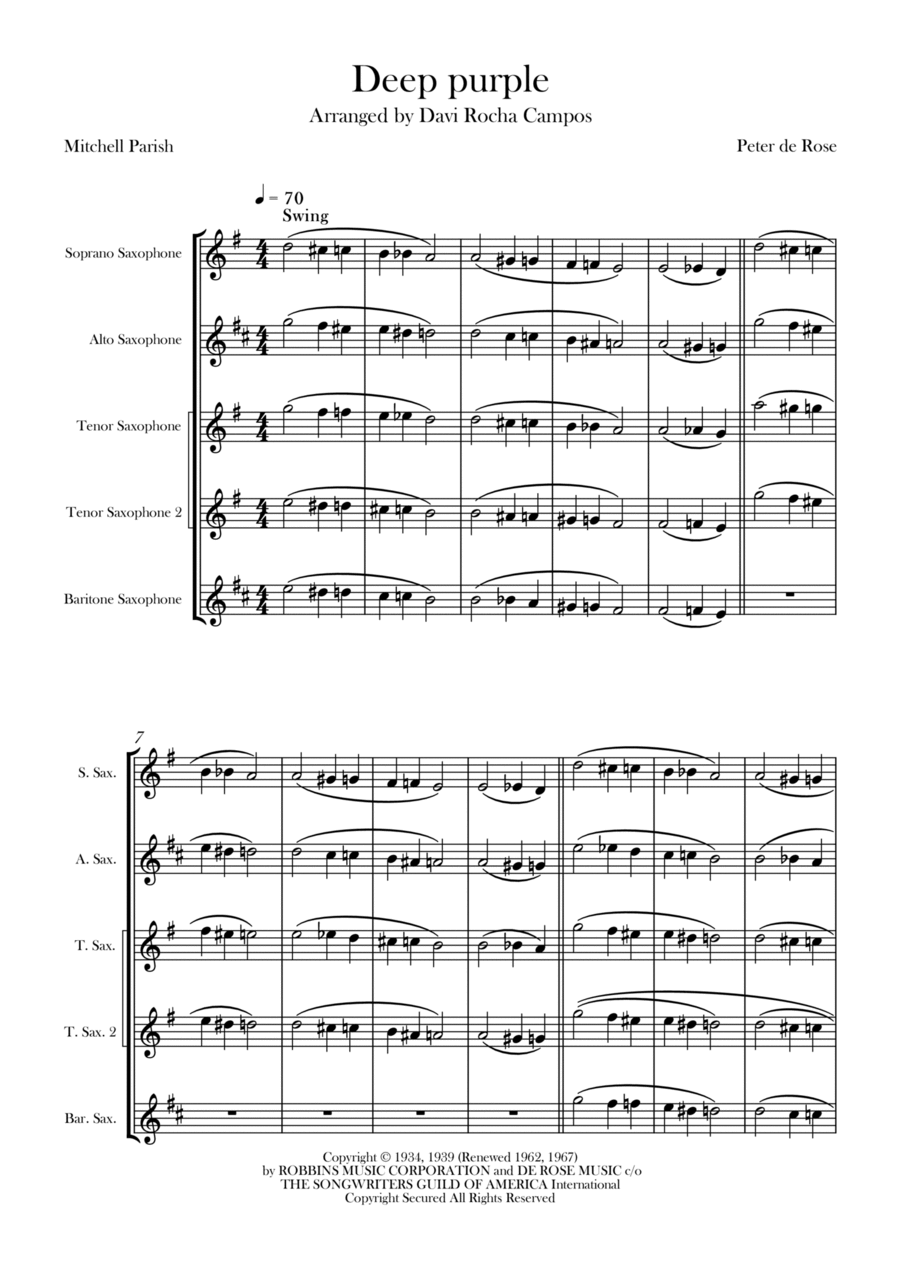 Deep Purple Saxophone Quintet scores gallery preview page 1