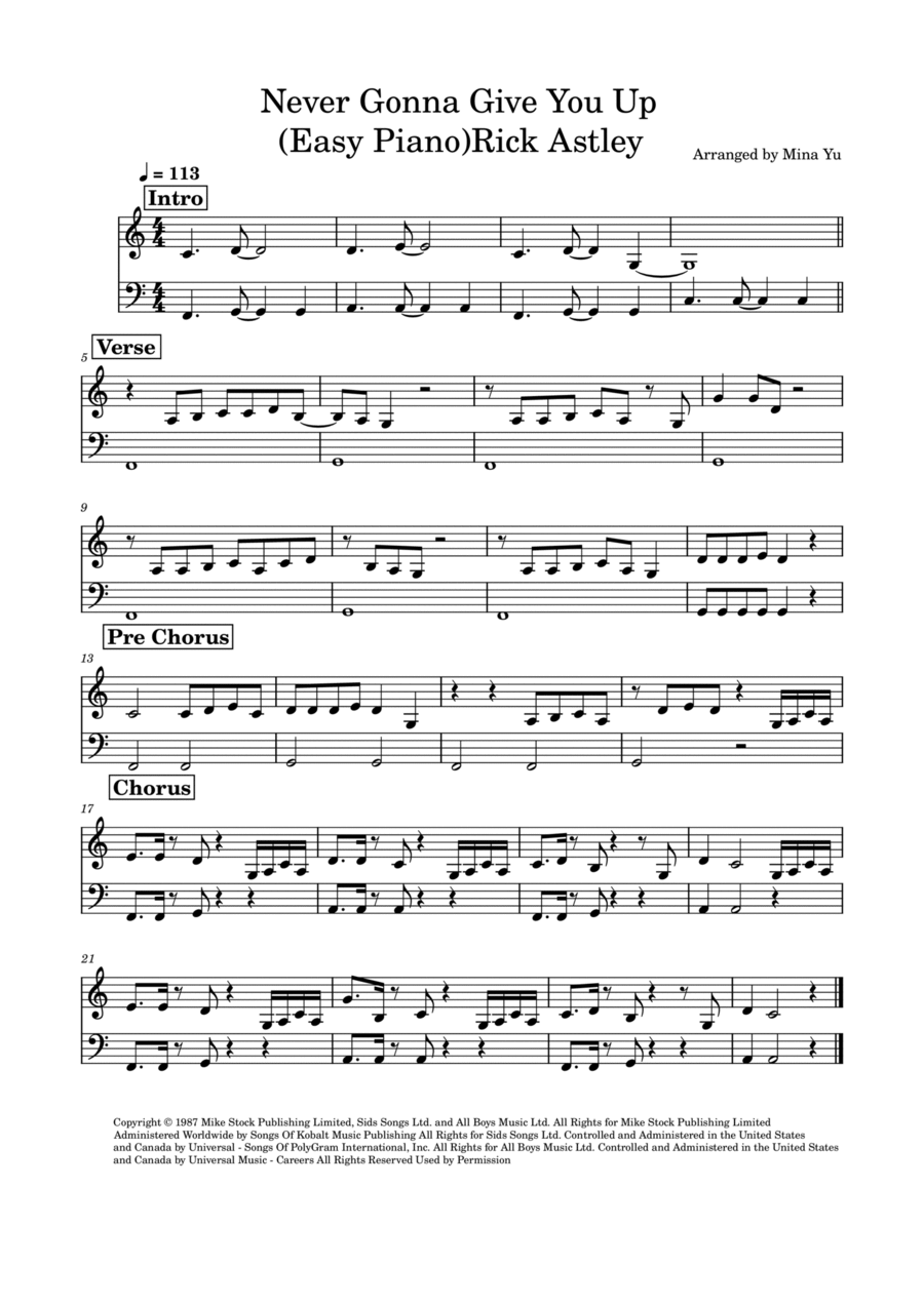 Never Gonna Give You Up Easy Piano scores gallery preview page 1