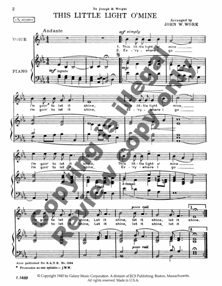 This Little Light O' Mine by John Wesley Work, Jr. Medium Voice - Sheet Music