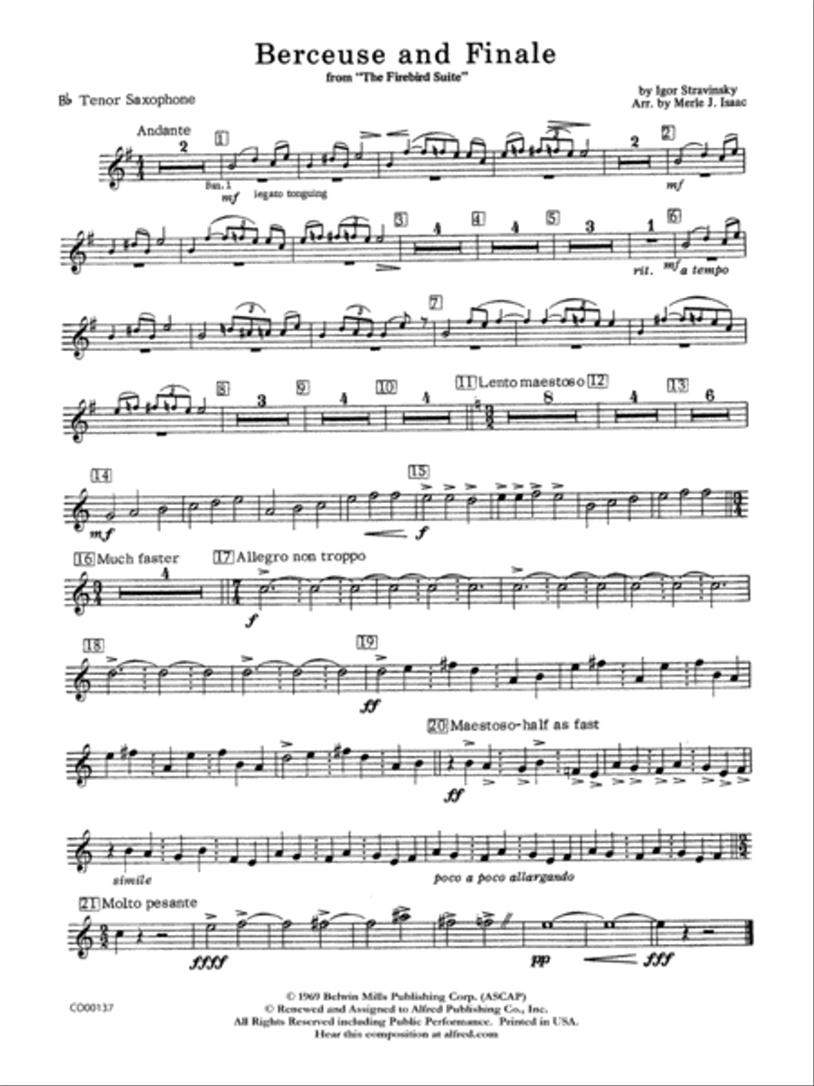 Berceuse and Finale (from the Firebird Suite): B-flat Tenor Saxophone Full Orchestra scores gallery preview page 1