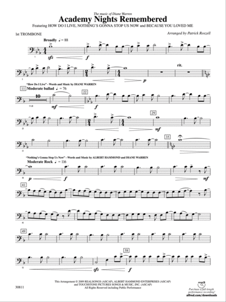 Academy Nights Remembered (The Music of Diane Warren): 1st Trombone Concert Band scores gallery preview page 1