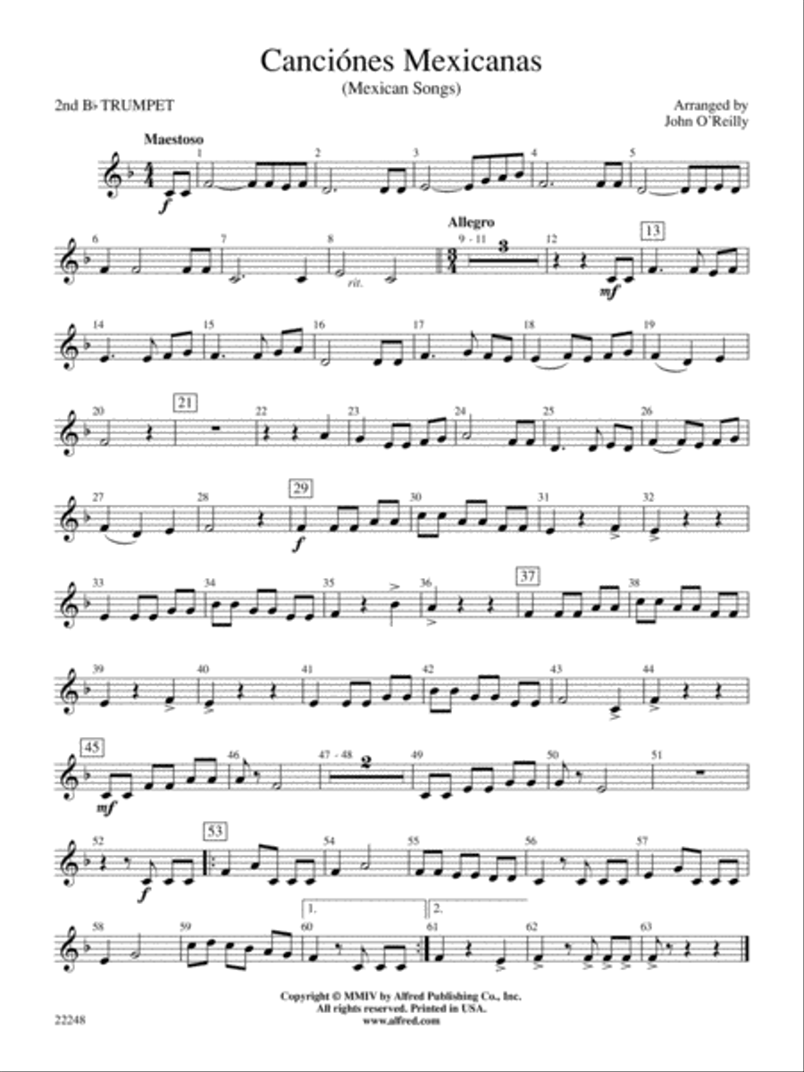 Canciónes Mexicanas: 2nd B-flat Trumpet Concert Band scores gallery preview page 1