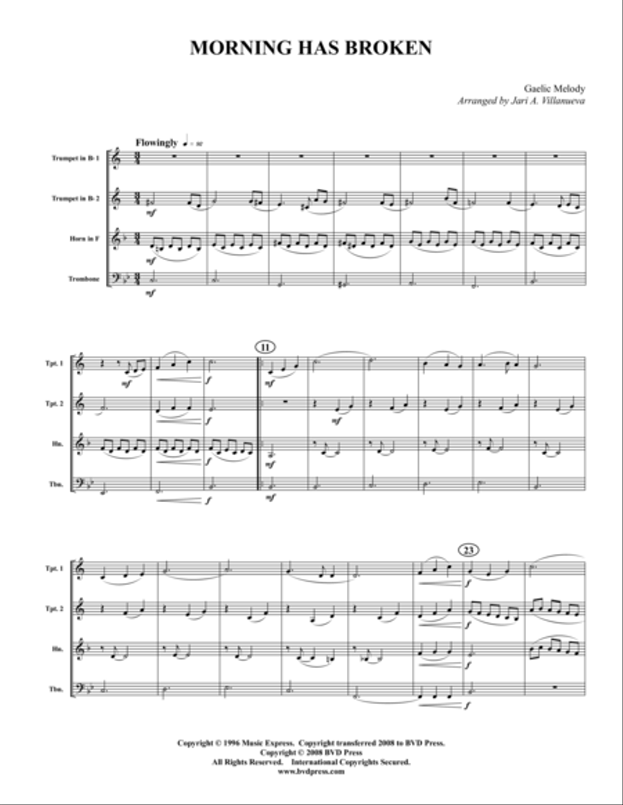 Morning Has Broken Brass Quartet scores gallery preview page 1