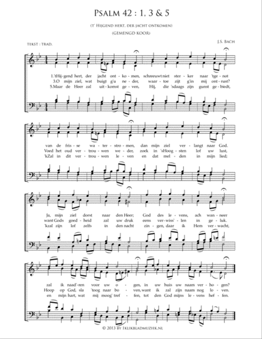 Psalm 42: 1,3 & 5 - 't Hijgend Hert Der Jacht Ontkomen 4-Part scores gallery preview page 1