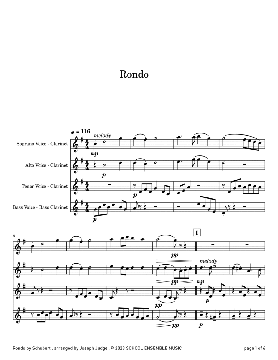 Rondo by Schubert for Clarinet Quartet in Schools Clarinet Quartet scores gallery preview page 1