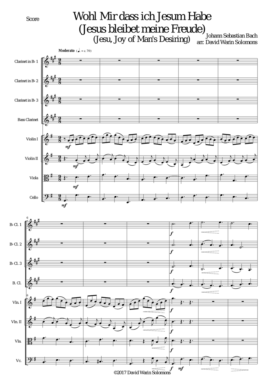 Wohl mir dass ich Jesum habe (Jesu joy of man's desiring) for clarinet quartet and strings Small Ensemble scores gallery preview page 1