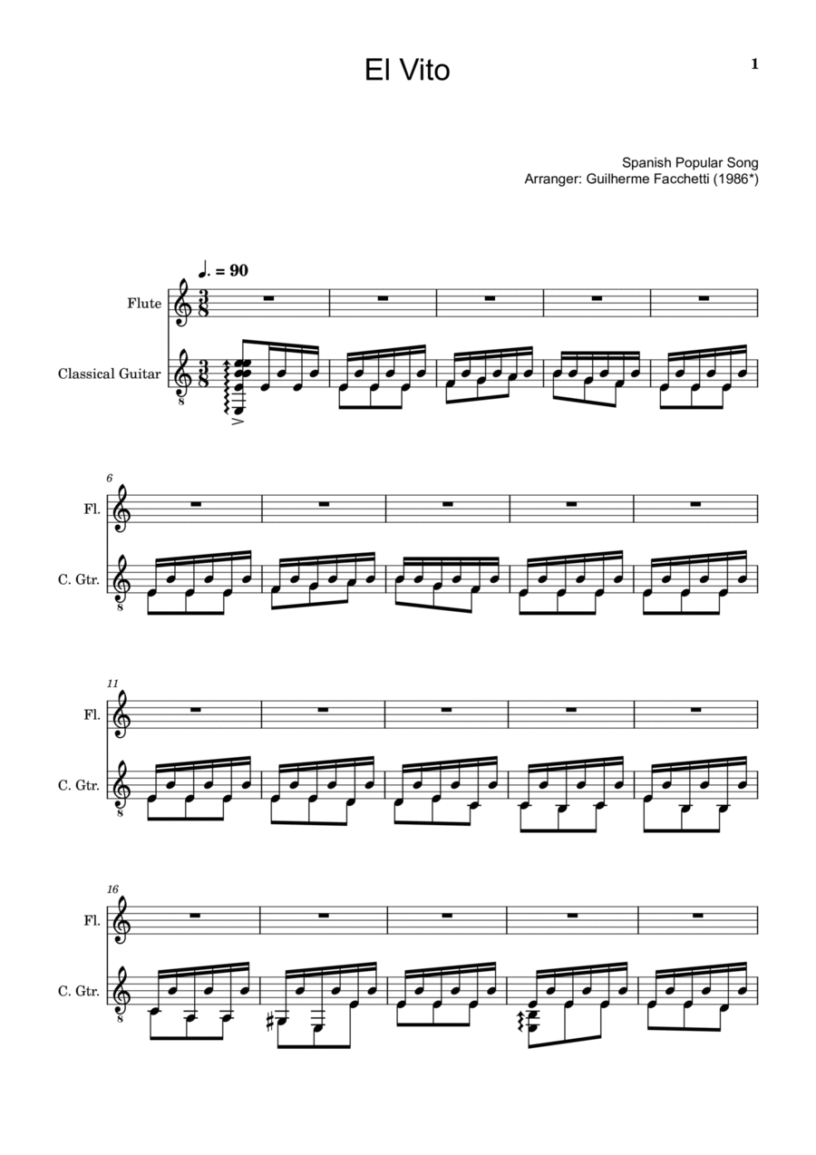 Spanish Popular Song - El Vito. Arrangement for Flute and Classical Guitar Flute scores gallery preview page 1