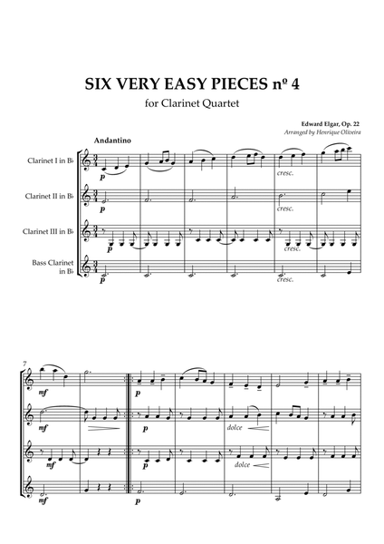 Six Very Easy Pieces nº 4 (Andantino) - Clarinet Quartet image number null