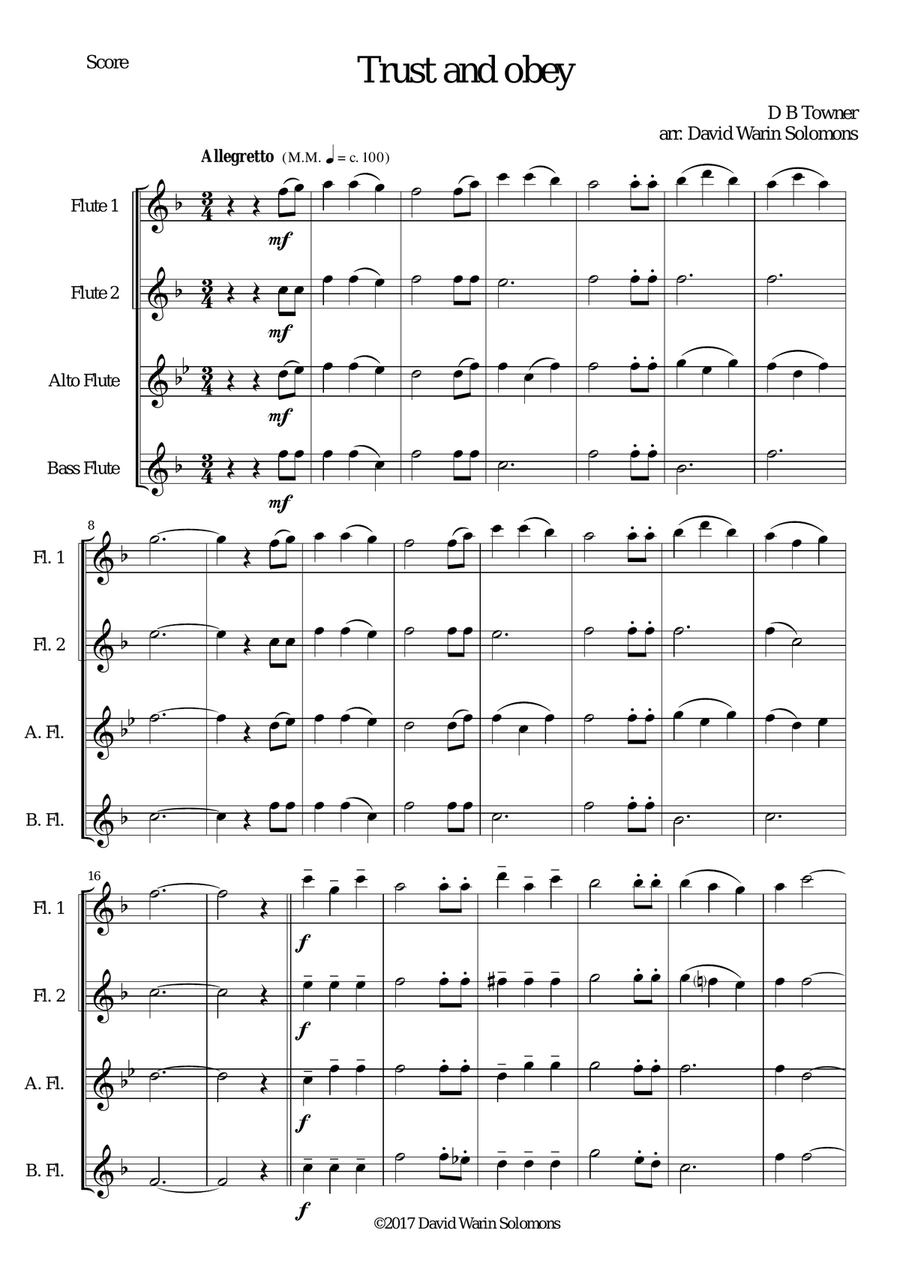 Trust and Obey for Flute quartet (2 C flutes, alto flute, bass flute) Flute Quartet scores gallery preview page 1