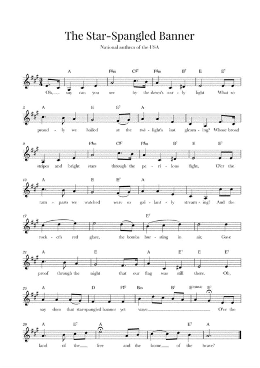 The Star Spangled Banner (National Anthem of the USA) - with lyrics - A Major Small Ensemble scores gallery preview page 1