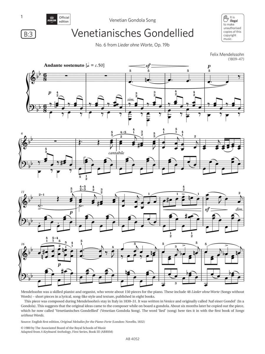 Venetianisches Gondellied (Grade 6, list B3, from the ABRSM Piano Syllabus 2023 & 2024) Piano Method scores gallery preview page 1