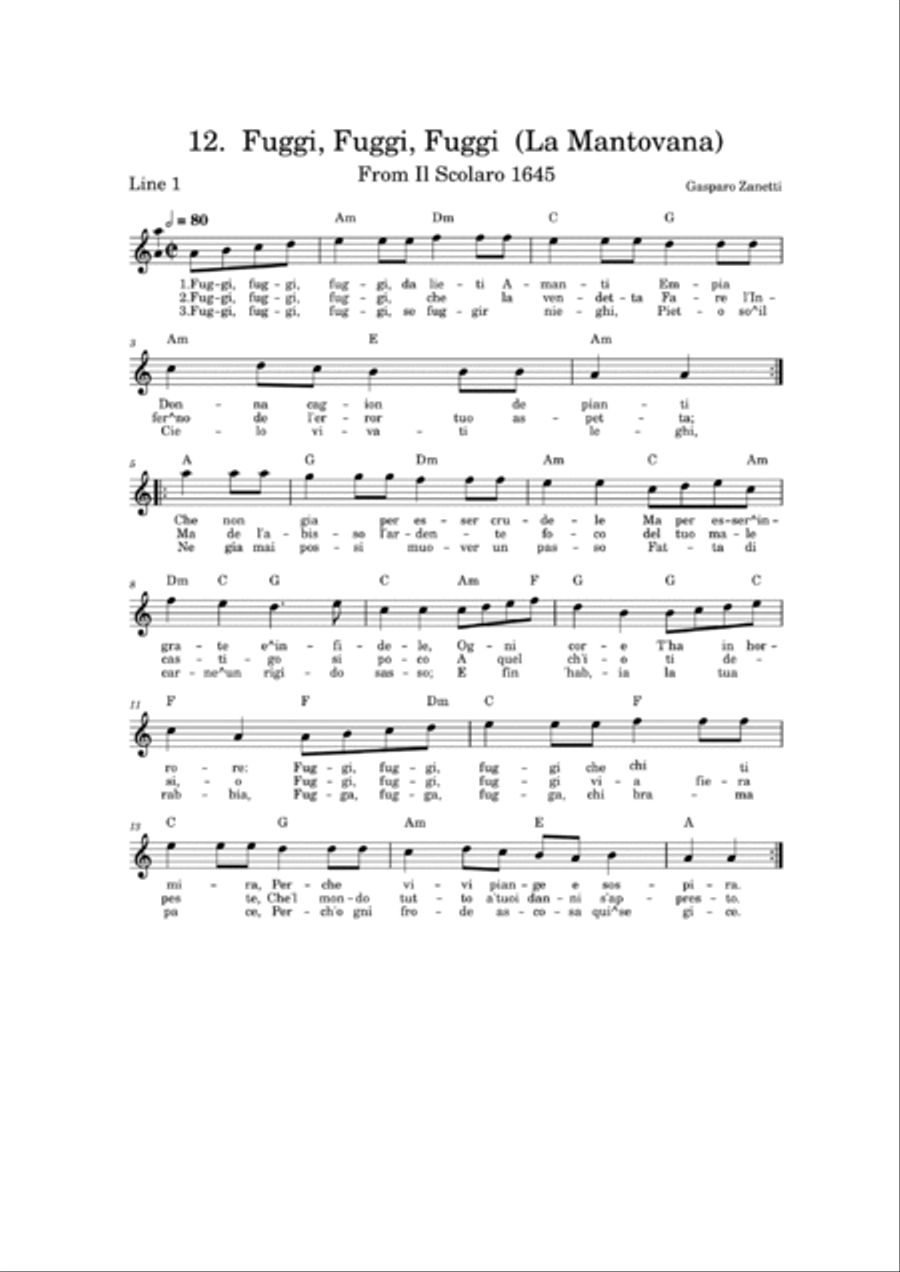 Fuggi, Fuggi, Fuggi (La Mantovana) - Gasparo Zanetti - Il Scolaro 1645 (with lyrics) Chamber Music scores gallery preview page 6