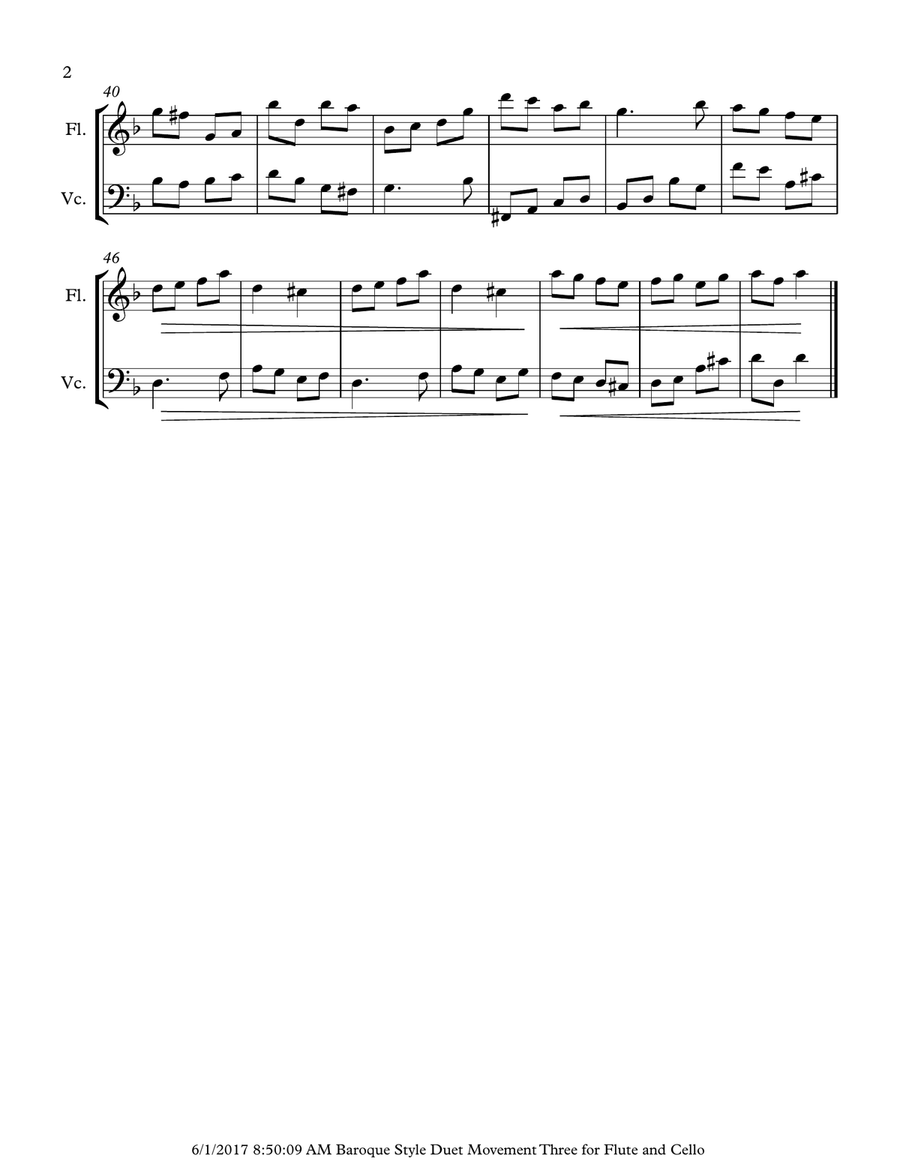 Baroque Style Duet for Flute and Cello - Third Movement Flute scores gallery preview page 2