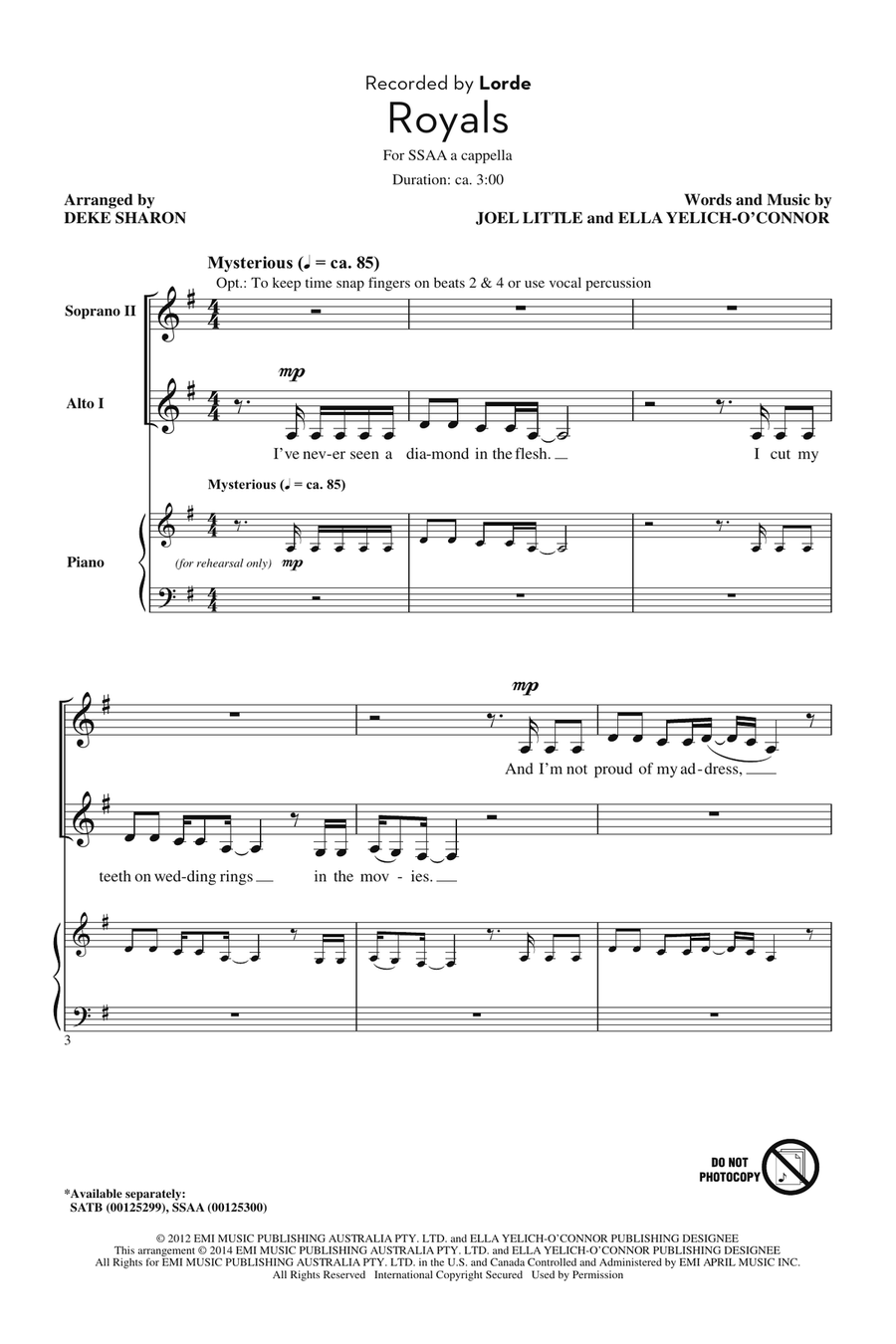 Royals (arr. Deke Sharon) SSA scores gallery preview page 1
