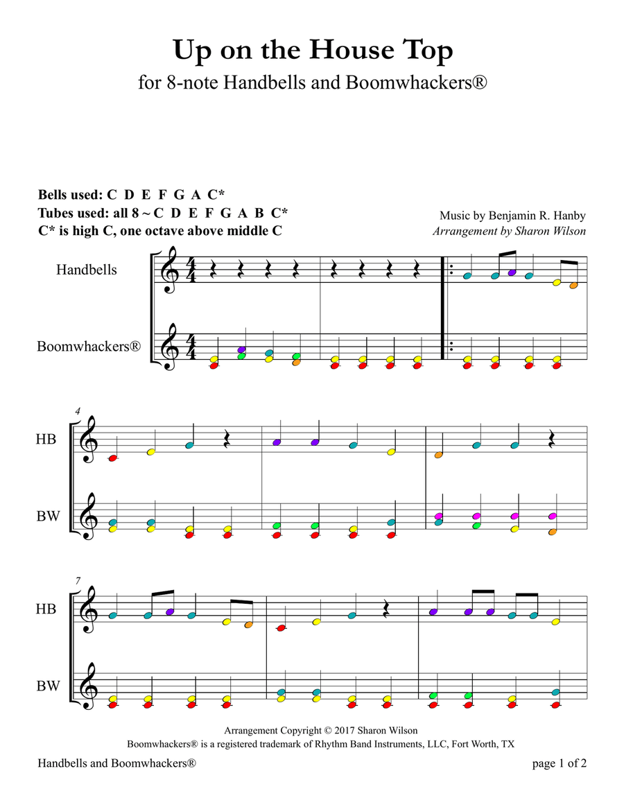 Up on the Housetop (for 8-note Bells and Boomwhackers with Color Coded Notes) Handbell Choir scores gallery preview page 4