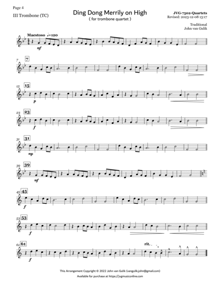 Trombone Quartets For Christmas Vol 2 - Part 3 - Treble Clef