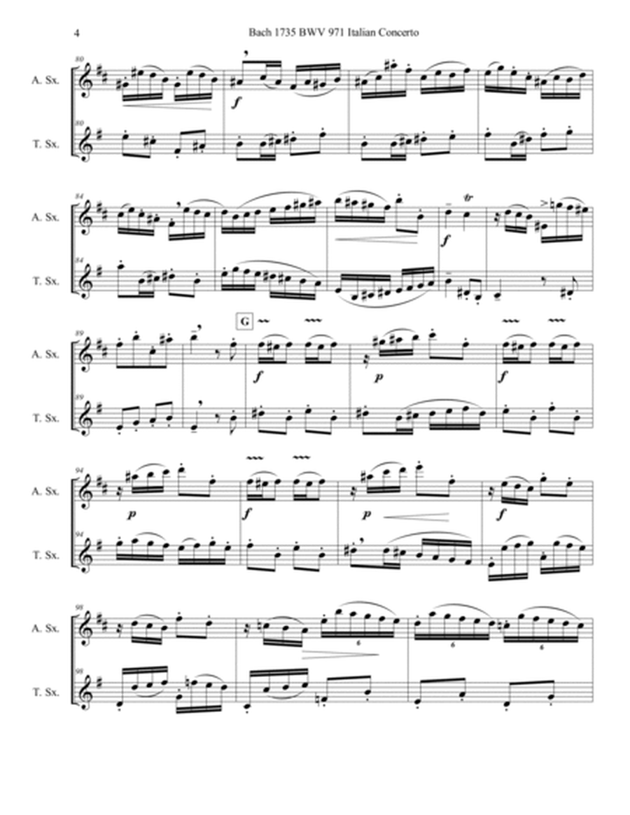 Bach 1735 BWV 971 Italian Concerto Alto and Tenor Sax Duet Parts and Score