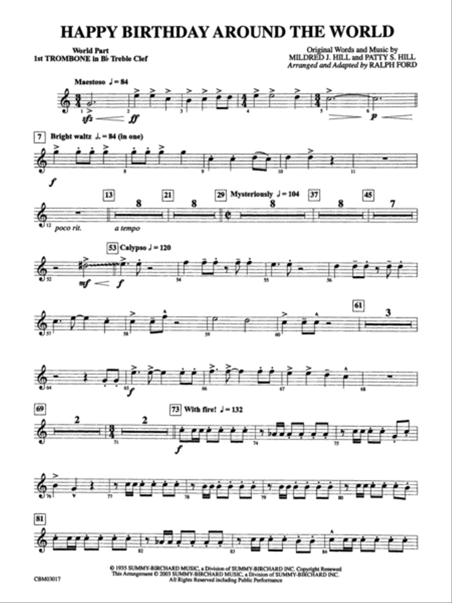 Happy Birthday Around the World: (World Part) 1st B-flat Trombone T.C. Concert Band scores gallery preview page 1