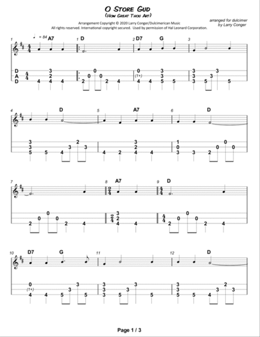 O Store Gud (How Great Thou Art) Dulcimer scores gallery preview page 2