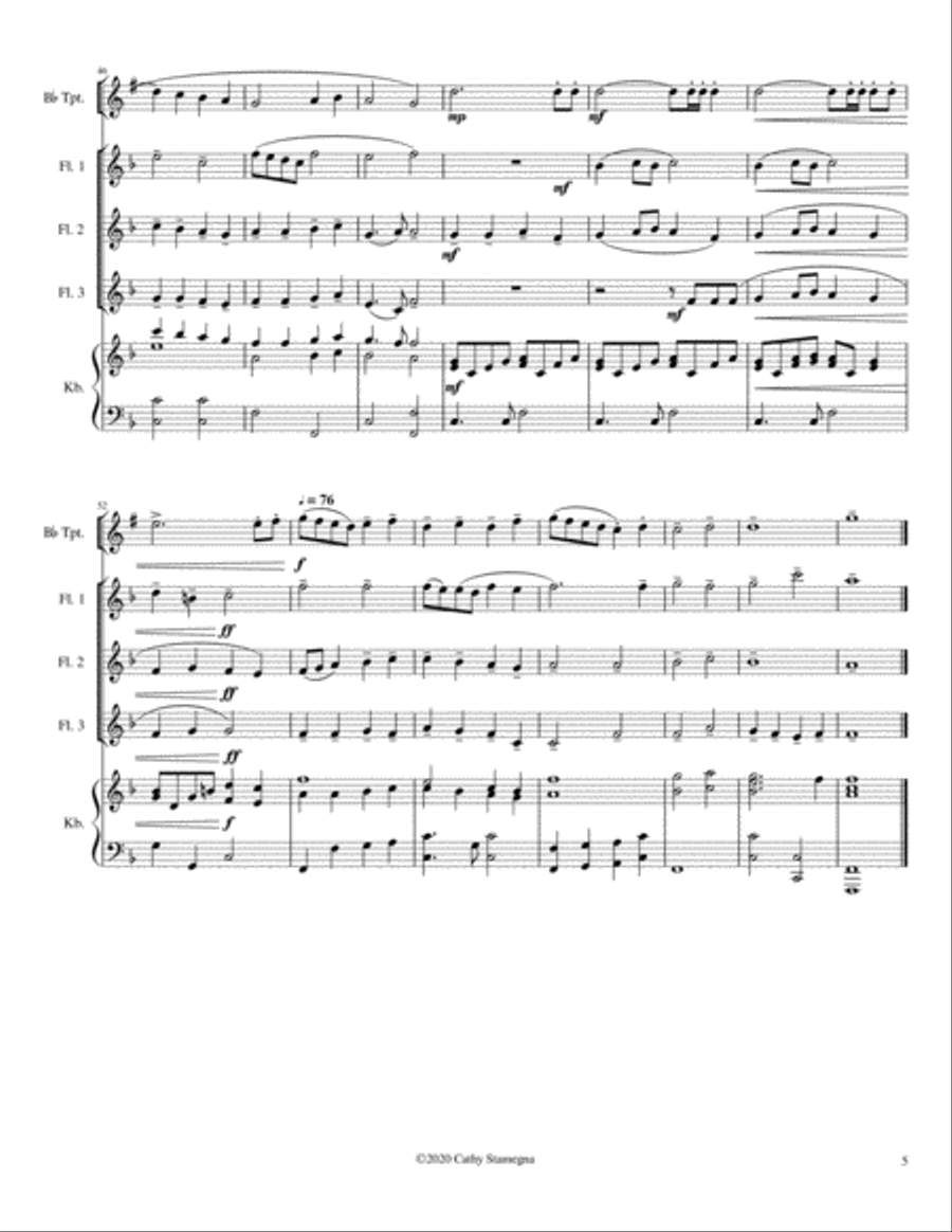 Alleluia! Alleluia! - (melody is Ode to Joy) - Flute Trio, Opt. Bb Trumpet, Keyboard Acc. Woodwind Trio scores gallery preview page 6
