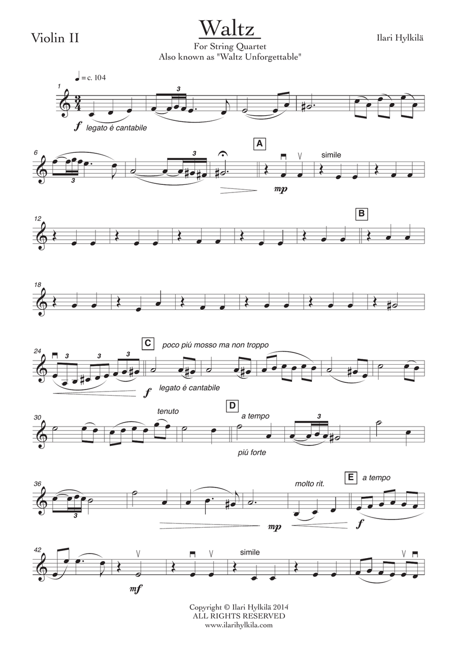 Waltz Unforgettable - for String Quartet String Quartet scores gallery preview page 6